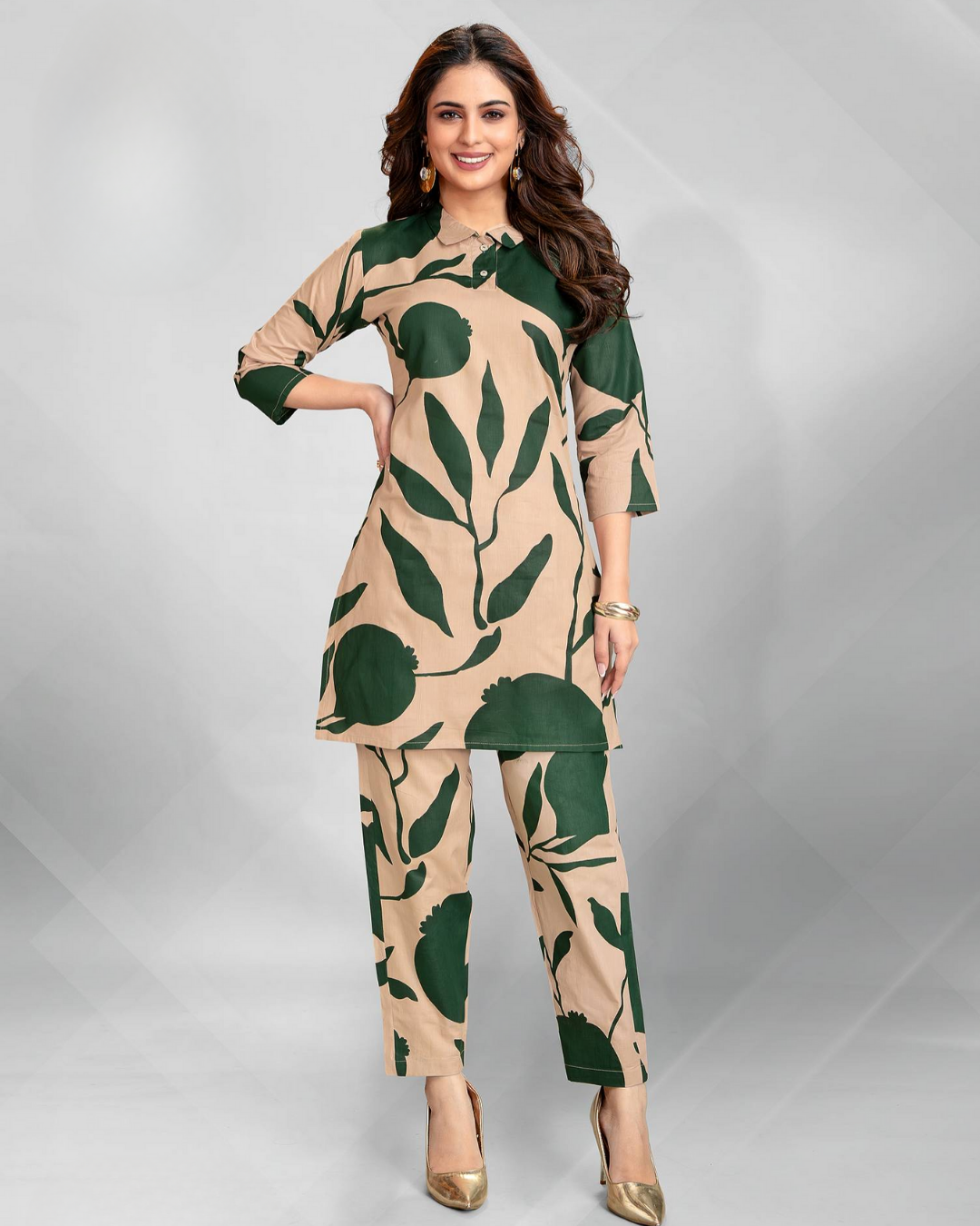 Beige & Green Leaf Print Coord Set