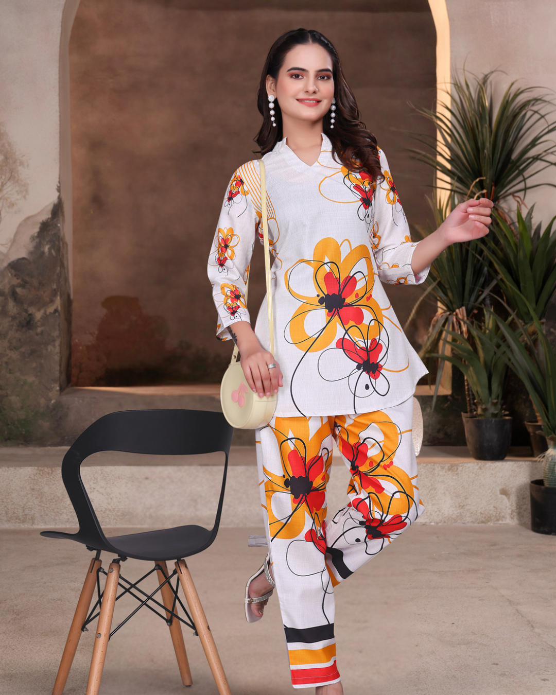 White with yellow & red floral Coord Set