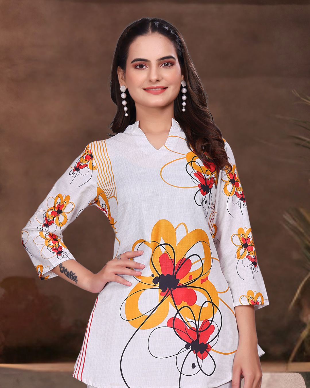 White with yellow & red floral Coord Set