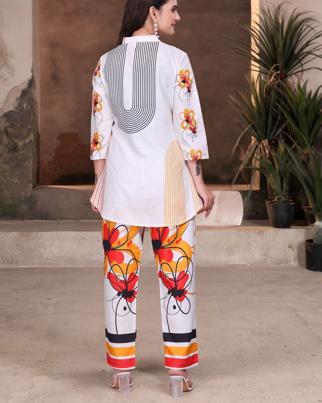 White with yellow & red floral Coord Set
