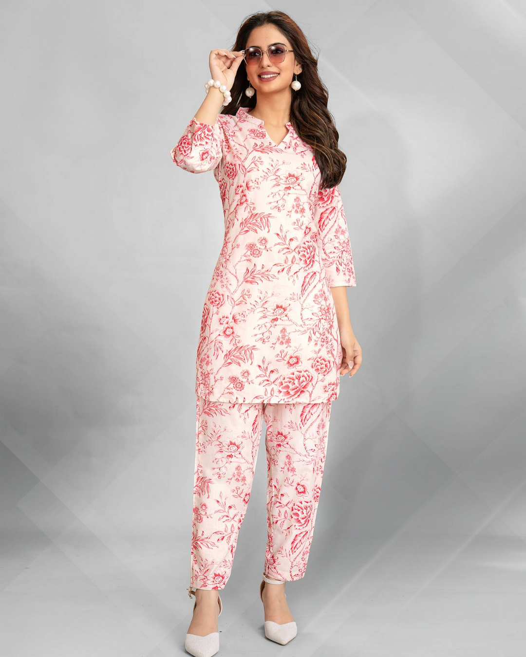 White & Red Floral Print Coord Set