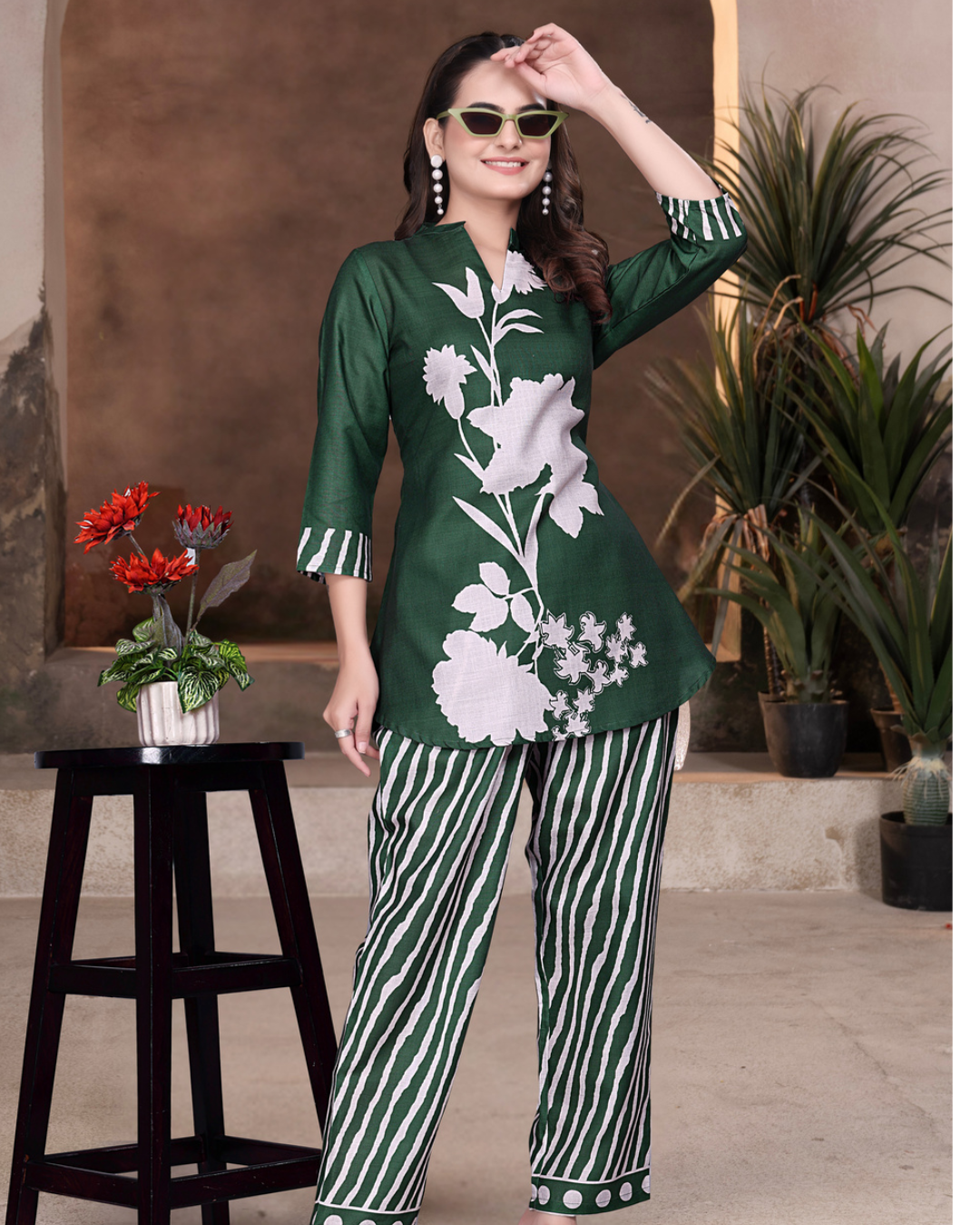 Green floral & striped set Coord Set